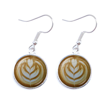 Coffee Latte Carving Love Heart Art Drop Earrings Chocolate Printing Flower Four Leaf Clover Charm Jewelry For Women Girls Gift