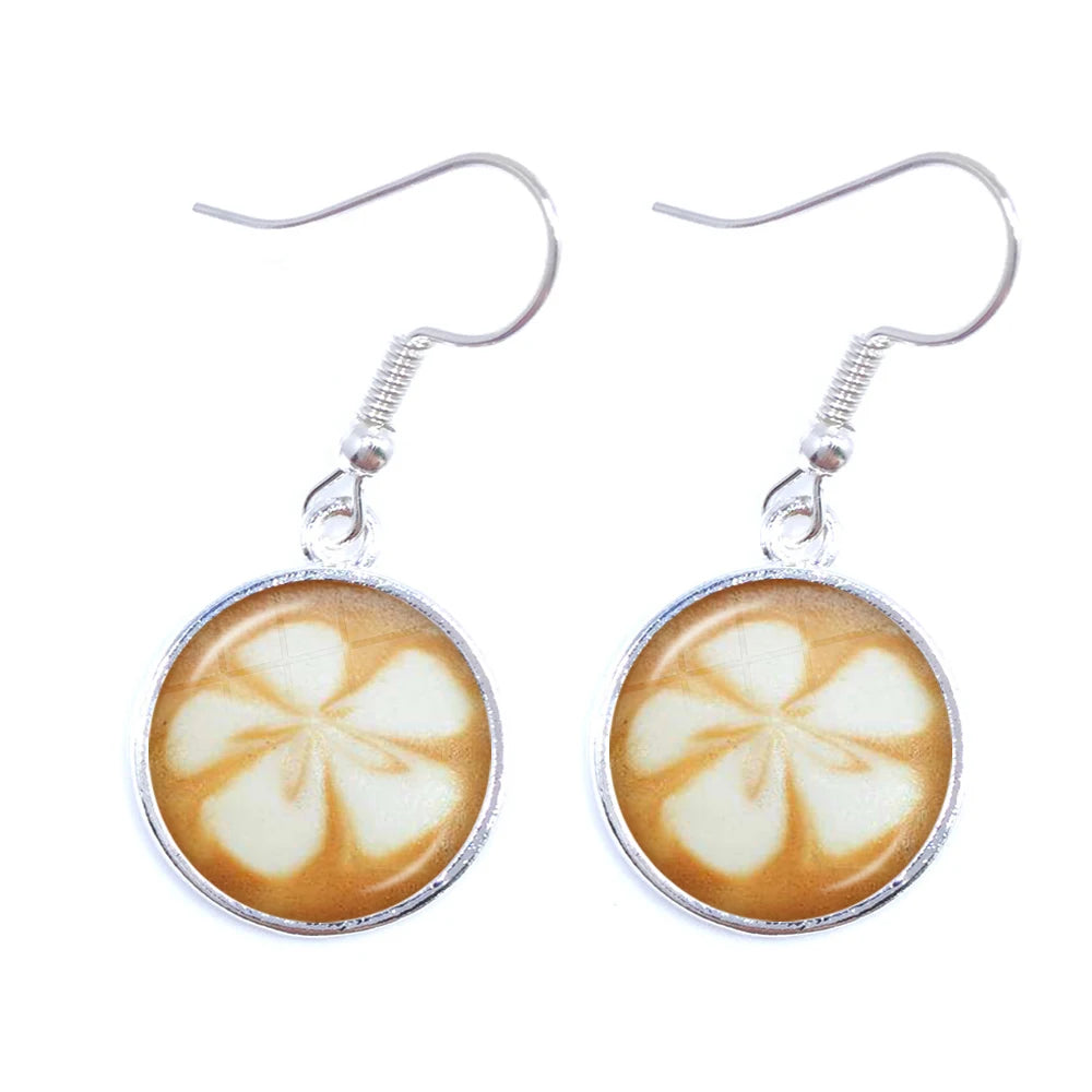 Coffee Latte Carving Love Heart Art Drop Earrings Chocolate Printing Flower Four Leaf Clover Charm Jewelry For Women Girls Gift