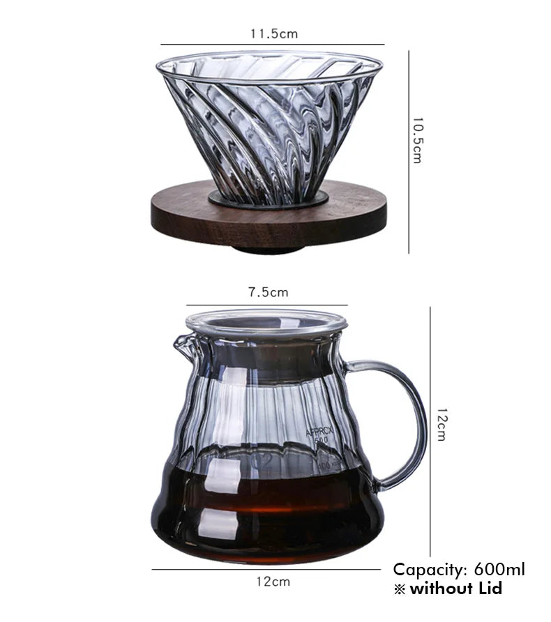 Pour Over Coffee Dripper Coffee Pot Set 600ml Coffee Server Coffee Maker Brewing Cup V02 Glass Coffee Funnel Drip Coffee Set