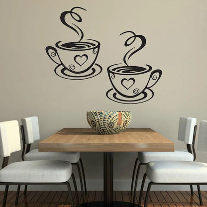 Two Coffee Cups Kitchen Bar Wall Sticker For Living Room Restaurant Background Art Decals Stickers Wallpaper Home Decoration