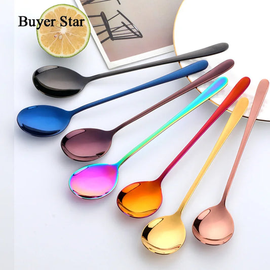 Buyer Star 8 Colors Stainless Steel Spoon With Long Handle Ice Spoon Coffee Spoon Tea Home Kitchen Tableware Spoons Size 21 CM