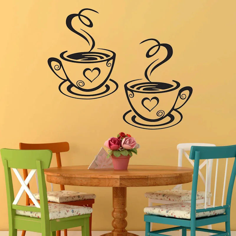 Two Coffee Cups Kitchen Bar Wall Sticker For Living Room Restaurant Background Art Decals Stickers Wallpaper Home Decoration