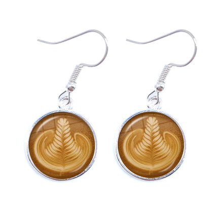 Coffee Latte Carving Love Heart Art Drop Earrings Chocolate Printing Flower Four Leaf Clover Charm Jewelry For Women Girls Gift