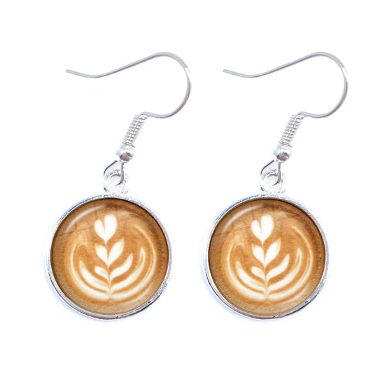 Coffee Latte Carving Love Heart Art Drop Earrings Chocolate Printing Flower Four Leaf Clover Charm Jewelry For Women Girls Gift