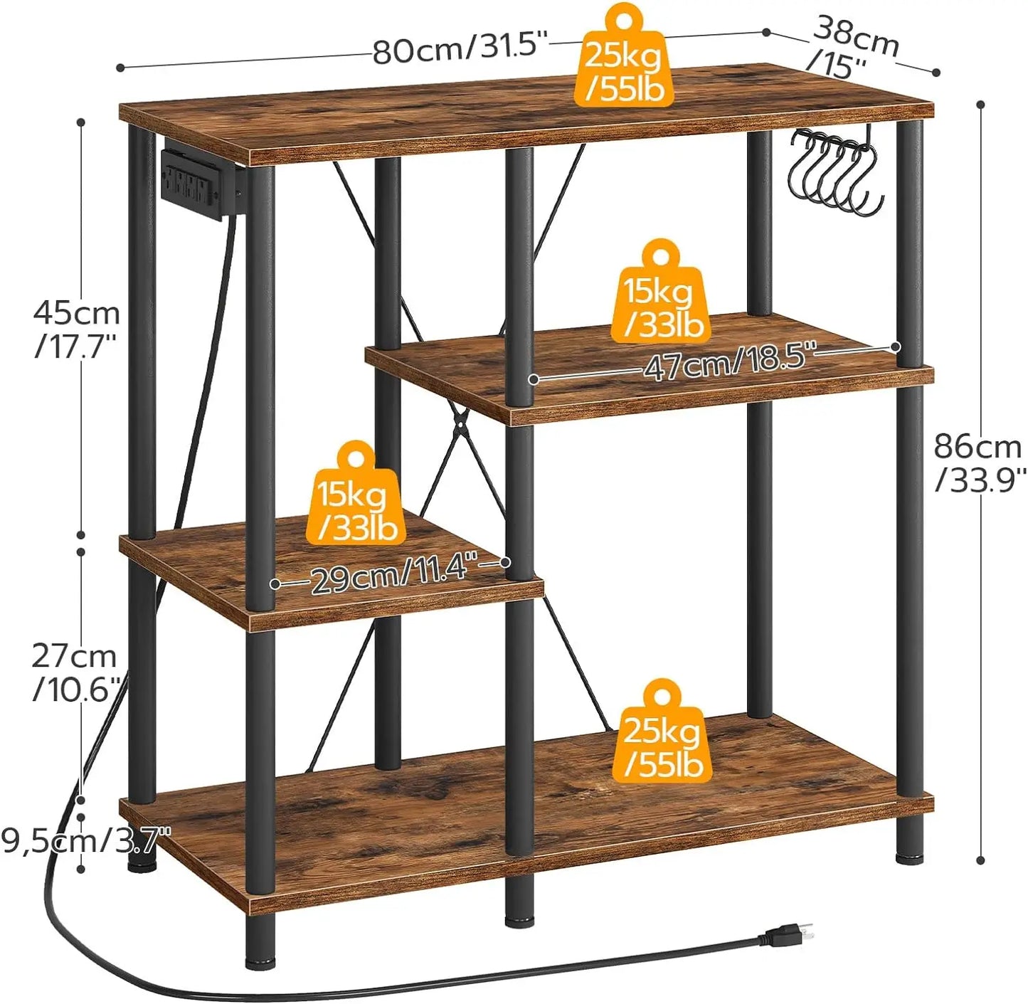 Bakers Rack with Power Outlet Microwave Stand with 5 S-Shaped Hooks Coffee Bar Kitchen Storage Shelf for Kitchen Living Room