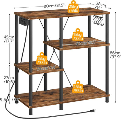 Bakers Rack with Power Outlet Microwave Stand with 5 S-Shaped Hooks Coffee Bar Kitchen Storage Shelf for Kitchen Living Room