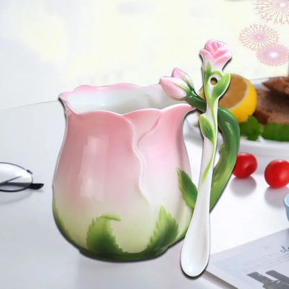320ml Pink Ceramic Coffee Cup European Bone China Three-dimensional Flower Mug Home Afternoon Camellia Flower Tea Cup Milk Mug