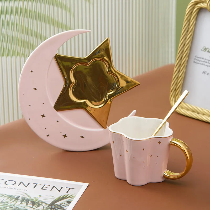 3PCS/Set Coffee Cup Saucer Spoon Set Star Moon Tea Cups Set Ceramic Cup And Saucer For Coffee Ceramic Cups Mugs Family Tableware