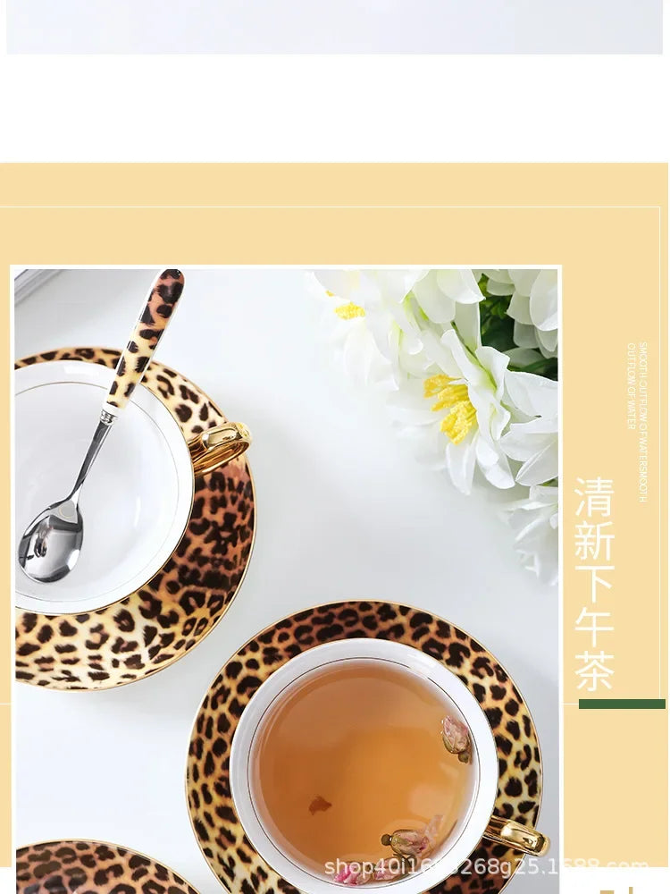 Retro leopard print control bone china premium coffee cup European afternoon tea cup set ceramic cup and saucer gift box