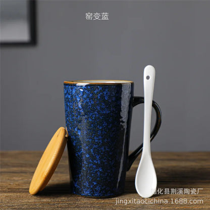 Ceramic Coffee Mug with Spoon and Lid, Creative, Japanese Style, Retro, Breakfast, Office Cup, Gift