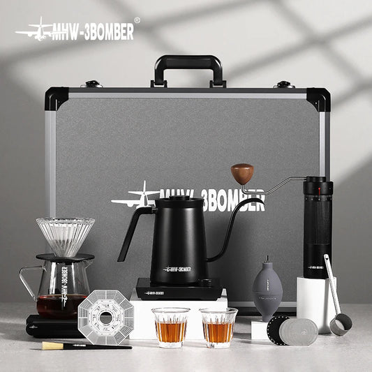 MHW-3BOMBER Pour Over Coffee Maker Set Coffee Kettle Scale Server Dripping Cup Bean Grinder Portable Metal Box for Camping Gift