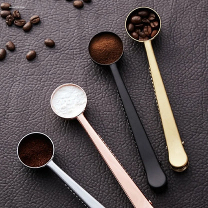 Stainless Steel Measuring Spoon Coffee Bean Spoon with Sealing Bag Clip Spice Milk Powder Scoop Baking Scale Spoon Kitchen Tool