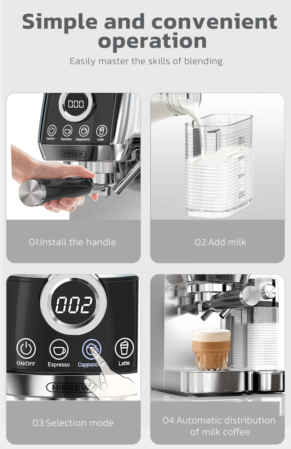 HiBREW  3 in 1 Semi Automatic Espresso Cappuccino Latte Coffee Machine Automatic Milk Froth Ground Coffee Stainless Steels H13A