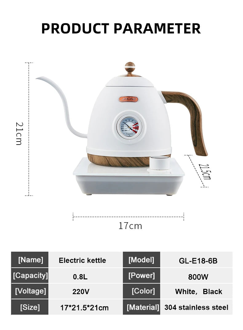 0.8L Electric Kettle Gooseneck Hand Brewed Coffee Pot  Adjust Temperature Kettle Stainless Steel Teapot with Thermometer 220V