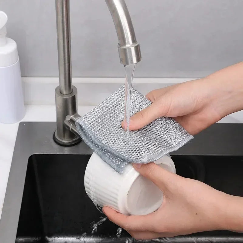 20/5Pcs Thickened Steel Wire Cleaning Cloth Non-Scratch Double-layer Iron Microfiber Mesh Dishrag Washing Pot Rags Kitchen Towel