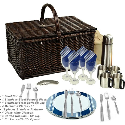 Buckingham Picnic Willow Picnic Basket with Service for 4 and Coffee Service - Designed, Assembled & Quality Approved