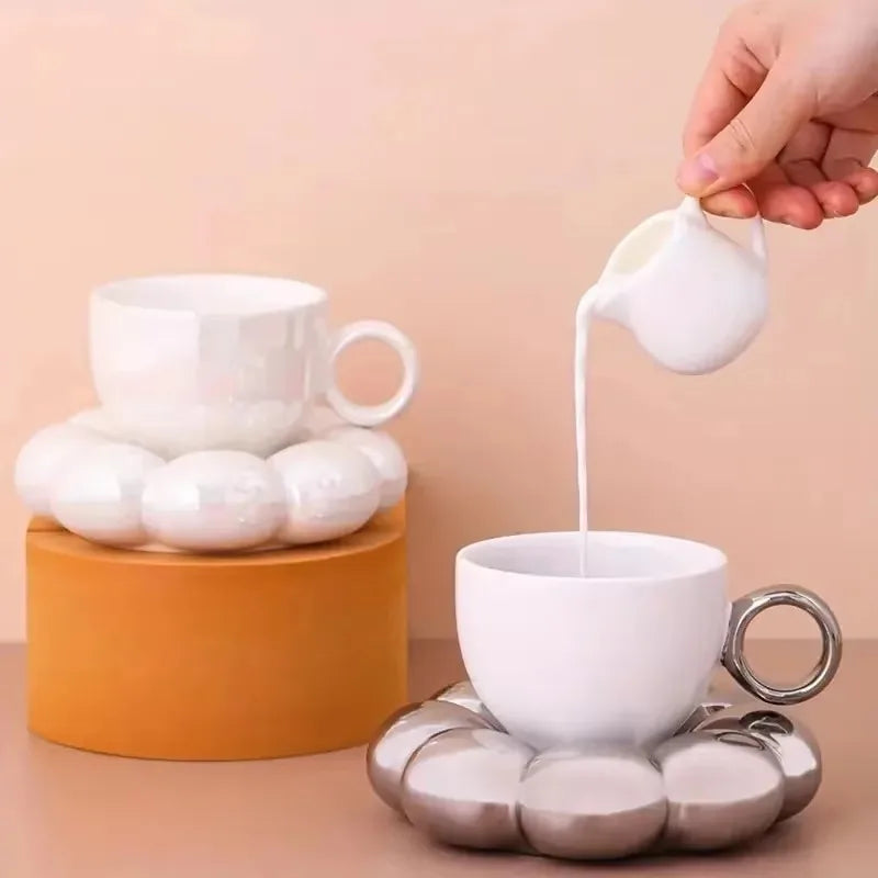 Ceramic Coffee Cup Set with Saucer Creative Cloud-Shaped Mug Milk Afternoon Tea Water Cups Kitchen Drinkware Tabletop Decoration