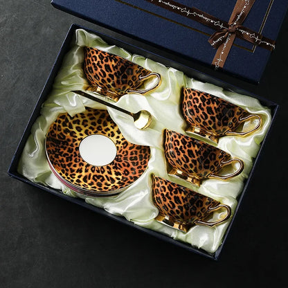 Retro leopard print control bone china premium coffee cup European afternoon tea cup set ceramic cup and saucer gift box