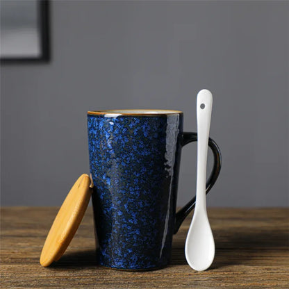 Ceramic Coffee Mug with Spoon and Lid, Creative, Japanese Style, Retro, Breakfast, Office Cup, Gift