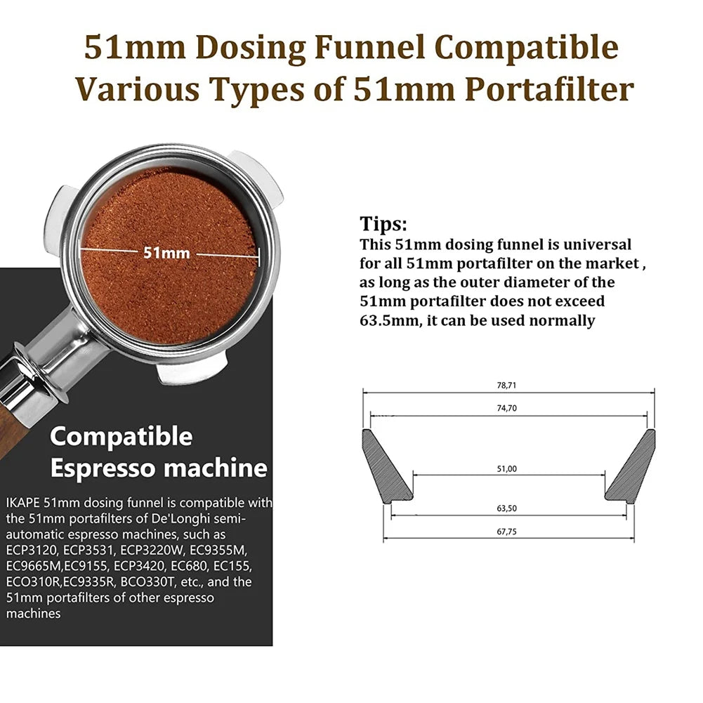 51Mm Espresso Dosing Funnel, Stainless Steel Coffee Dosing Ring Compatible with All 51Mm Espresso Portafilter