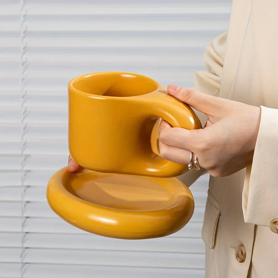 1set 400ml Ceramic Coffee Chubby Mug Saucer Set Creative Cute Fat Handle Cup With Saucer For Office And Home Room Decor