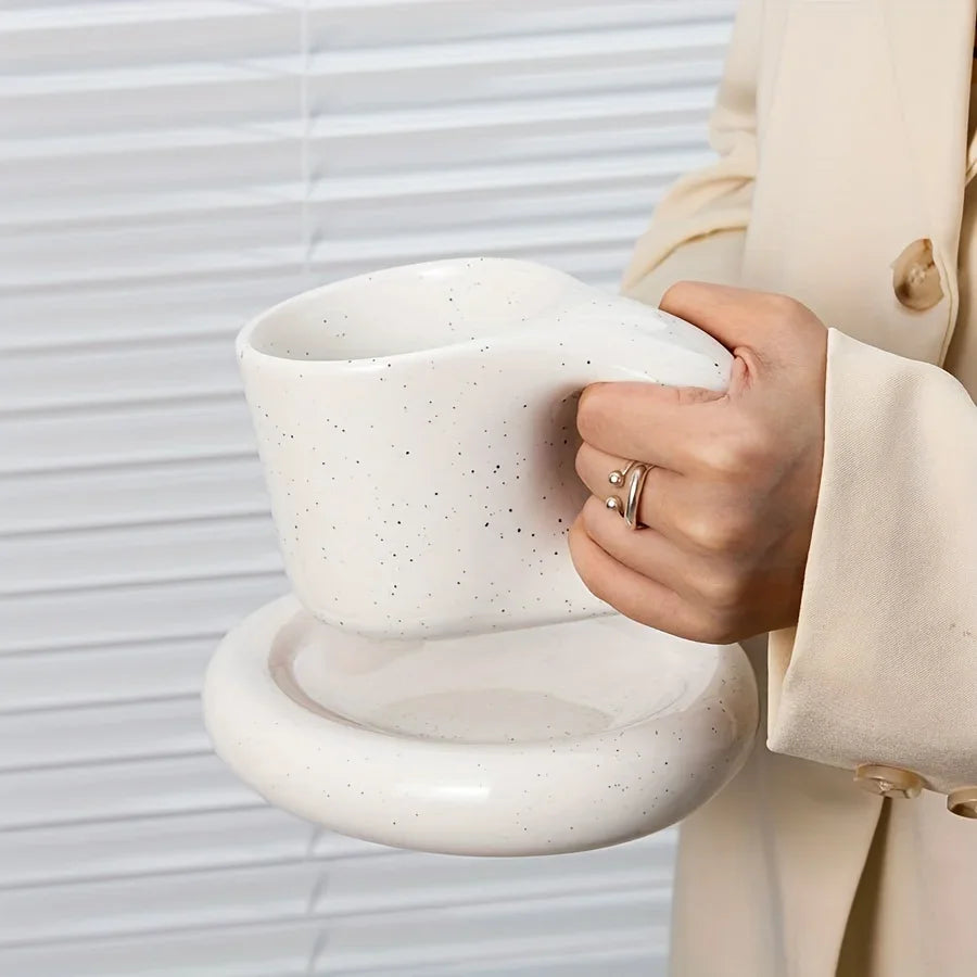 1set 400ml Ceramic Coffee Chubby Mug Saucer Set Creative Cute Fat Handle Cup With Saucer For Office And Home Room Decor