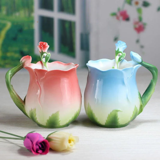 320ml Pink Ceramic Coffee Cup European Bone China Three-dimensional Flower Mug Home Afternoon Camellia Flower Tea Cup Milk Mug