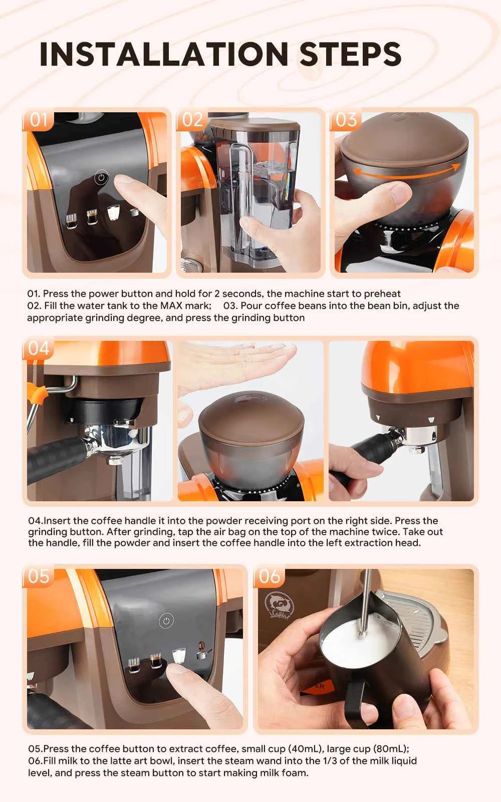 iCafilas Coffee Maker 19 Bar Semi Automatic Extraction Espresso Coffee Machine with Grinder Built In Steam milk coffee machine