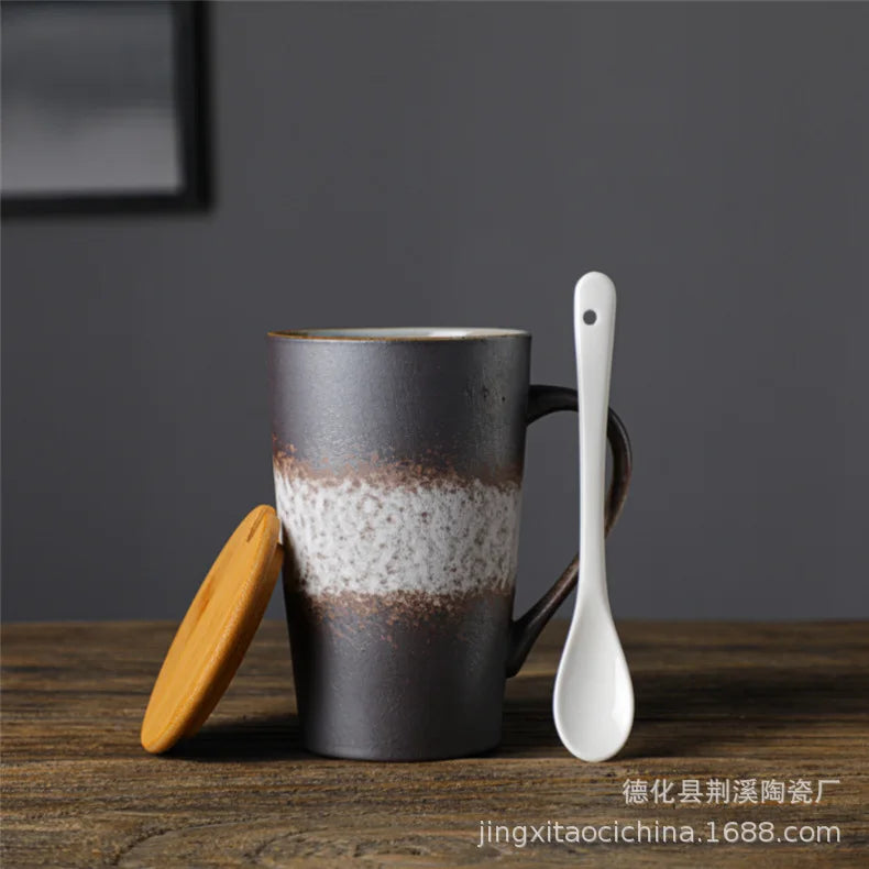 Ceramic Coffee Mug with Spoon and Lid, Creative, Japanese Style, Retro, Breakfast, Office Cup, Gift