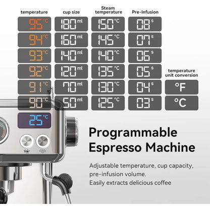 Programmable Espresso Machine with Cup Warm , Adjustable Temperature and Cup Volume, Steam Wand Milk Frother, Coffee Machines