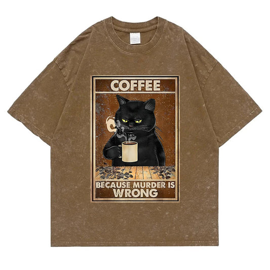 Coffee Because Murder Is Wrong Washed Retro Snow Men Tee T Shirt Cotton T-Shirt Casual Breathable Clothes Oversize Short Sleeve