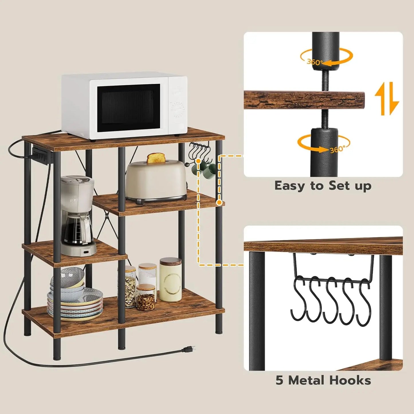 Bakers Rack with Power Outlet Microwave Stand with 5 S-Shaped Hooks Coffee Bar Kitchen Storage Shelf for Kitchen Living Room