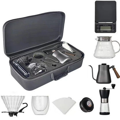 9Piece/Set All-in-one V-type 60 ° Travel Barista Coffee Set Manual Grinder Dripper Paper Bag Kettle Timer Scale