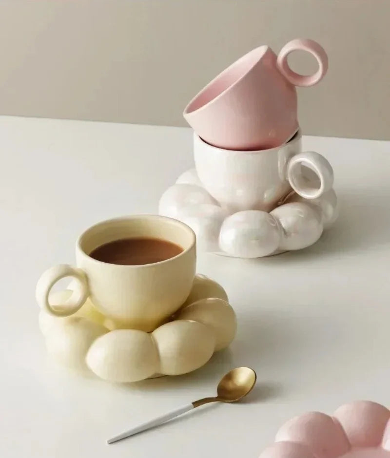 Ceramic Coffee Cup Set with Saucer Creative Cloud-Shaped Mug Milk Afternoon Tea Water Cups Kitchen Drinkware Tabletop Decoration