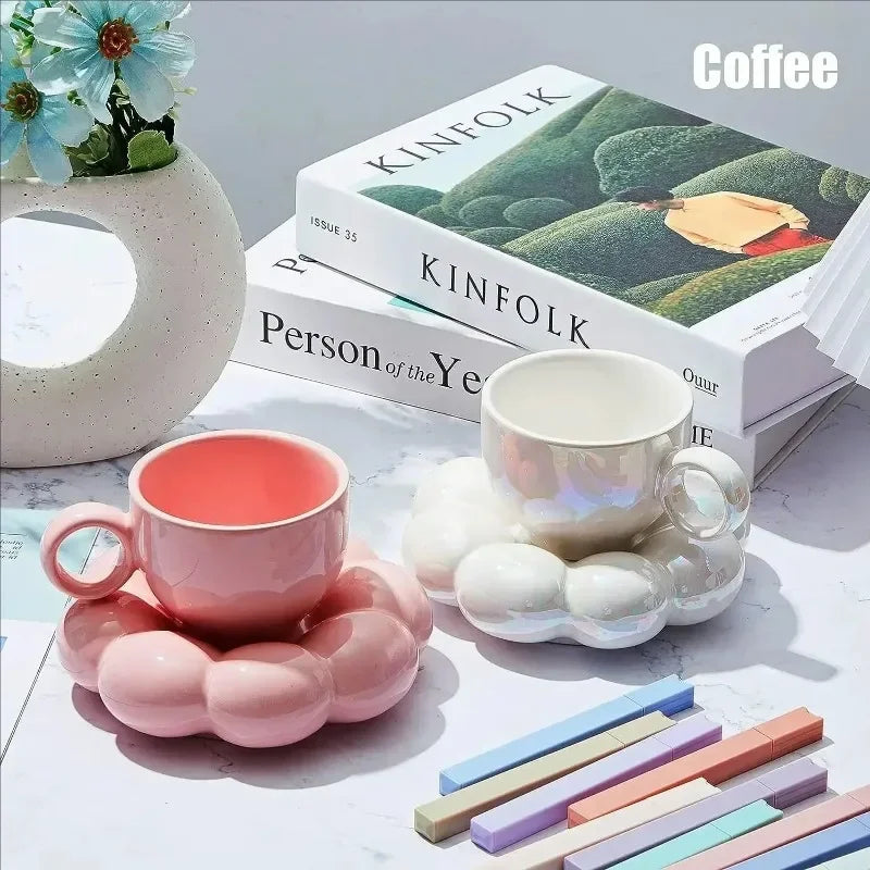 Ceramic Coffee Cup Set with Saucer Creative Cloud-Shaped Mug Milk Afternoon Tea Water Cups Kitchen Drinkware Tabletop Decoration