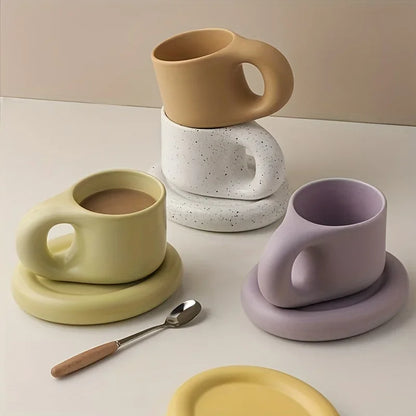 1set 400ml Ceramic Coffee Chubby Mug Saucer Set Creative Cute Fat Handle Cup With Saucer For Office And Home Room Decor