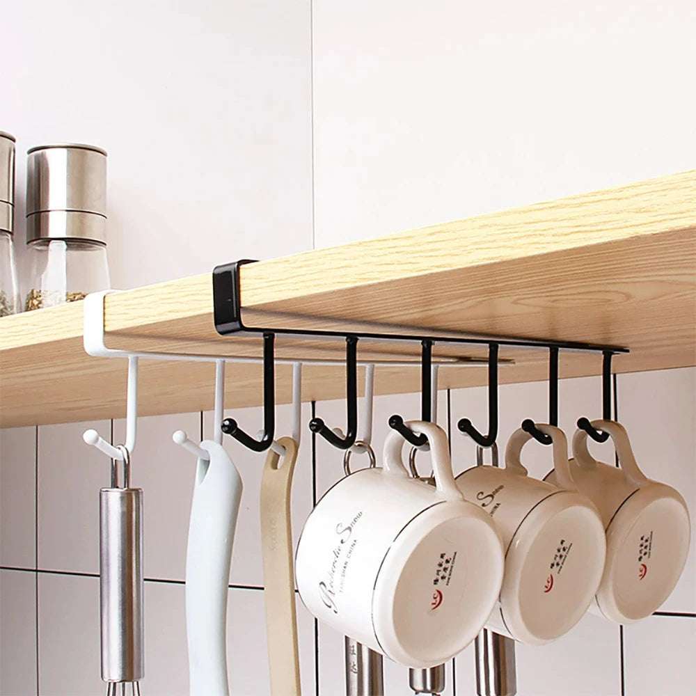 Multifunction 6 Hook Coffee Cup Mug Holder Black White Hooks Shelf Multifunction Kitchen Cabinet Sundries Organizer Storage
