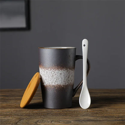 Ceramic Coffee Mug with Spoon and Lid, Creative, Japanese Style, Retro, Breakfast, Office Cup, Gift