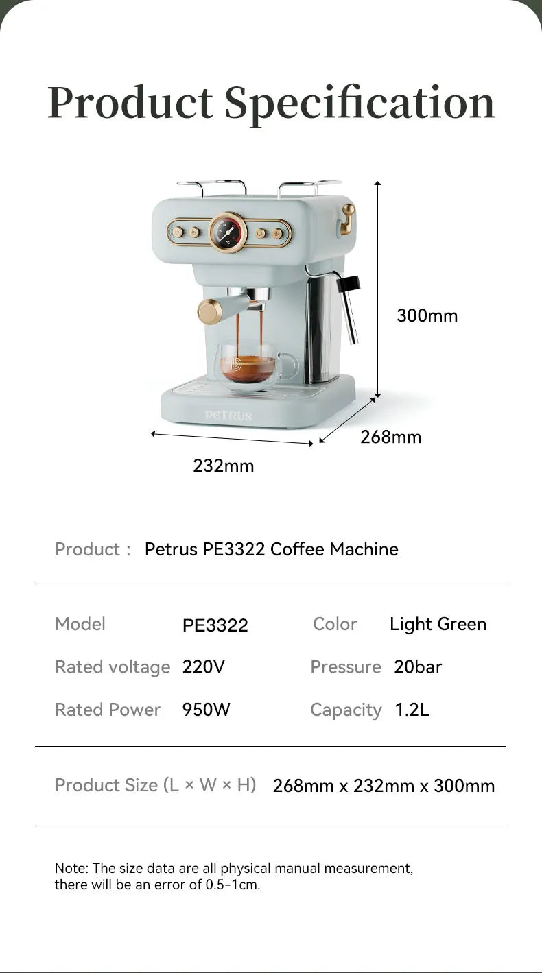 Petrus Coffee Machine Espresso Coffee Maker Latte Cappuccino Maker 20 Bar Semi-automatic Espresso Machine With Steam Milk Bubble