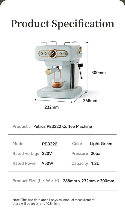 Petrus Coffee Machine Espresso Coffee Maker Latte Cappuccino Maker 20 Bar Semi-automatic Espresso Machine With Steam Milk Bubble