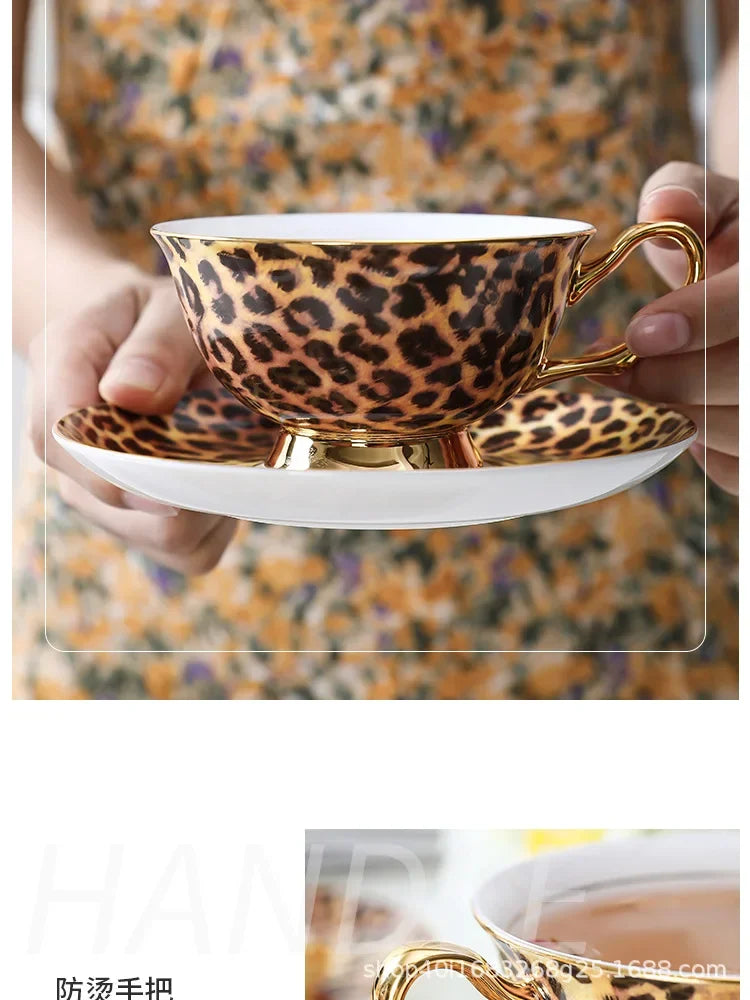 Retro leopard print control bone china premium coffee cup European afternoon tea cup set ceramic cup and saucer gift box