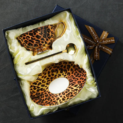 Retro leopard print control bone china premium coffee cup European afternoon tea cup set ceramic cup and saucer gift box