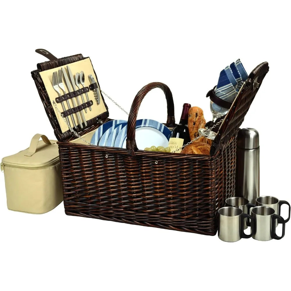 Buckingham Picnic Willow Picnic Basket with Service for 4 and Coffee Service - Designed, Assembled & Quality Approved