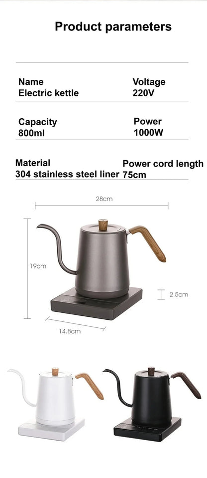 110V/220V Hand Brewed Coffee Gooseneck Kettle Smart Temperature Adjust 304 Stainless Steel Teapot 1000W Electric Kettle 800ml