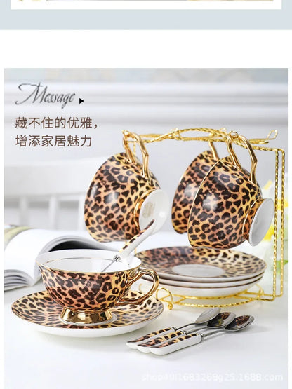 Retro leopard print control bone china premium coffee cup European afternoon tea cup set ceramic cup and saucer gift box