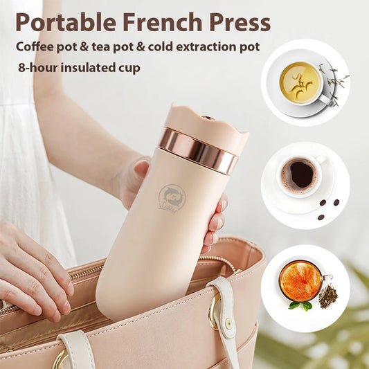 i Cafilas Portable French Press 12oz Coffee Maker 350ml Vacuum Insulated Coffee Mug Hot Cold Brew Coffee Press Stainless Steel