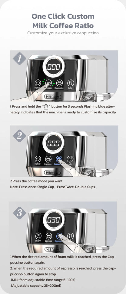 HiBREW  3 in 1 Semi Automatic Espresso Cappuccino Latte Coffee Machine Automatic Milk Froth Ground Coffee Stainless Steels H13A