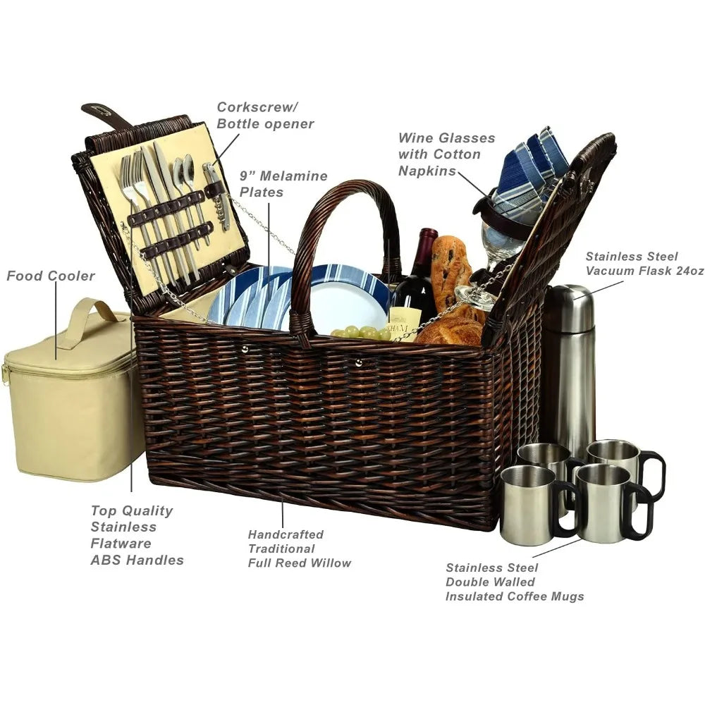 Buckingham Picnic Willow Picnic Basket with Service for 4 and Coffee Service - Designed, Assembled & Quality Approved