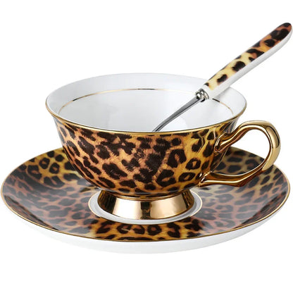 Retro leopard print control bone china premium coffee cup European afternoon tea cup set ceramic cup and saucer gift box