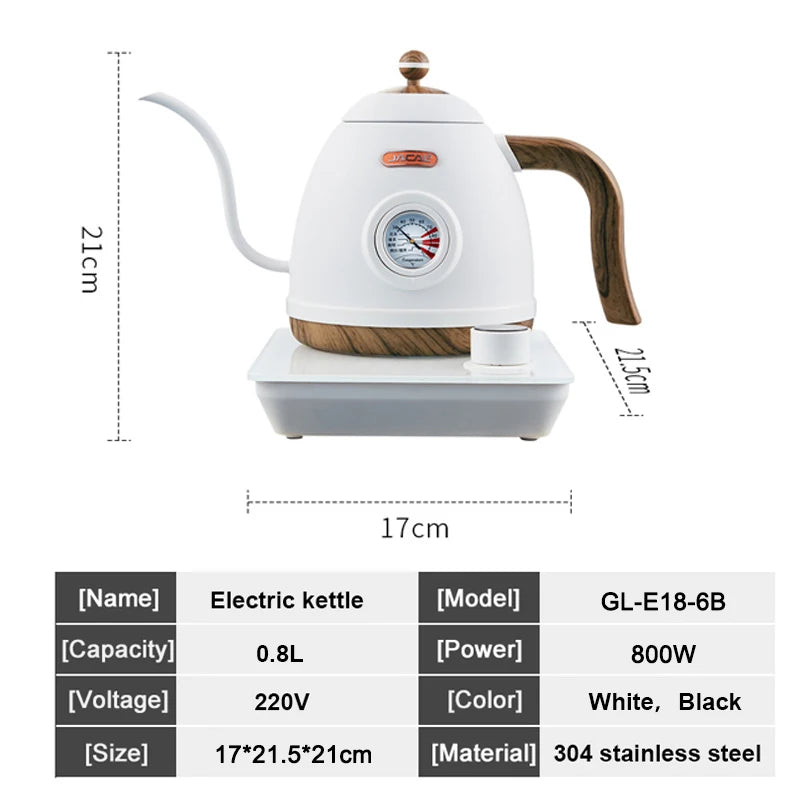 0.8L Electric Kettle Gooseneck Hand Brewed Coffee Pot  Adjust Temperature Kettle Stainless Steel Teapot with Thermometer 220V